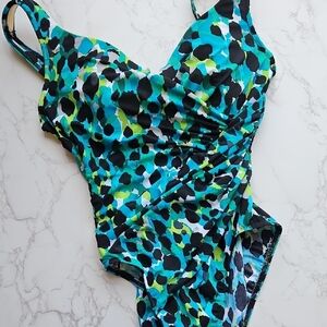 Miraclesuit Swim One Piece in Blue and Green Abstract Polka Dot Print 12